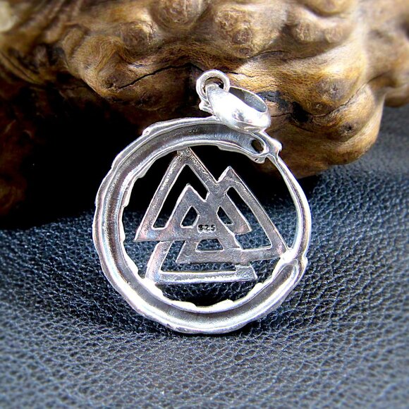 Solid 925 Sterling Silver Valknut & Snake Ouroboros Pendant - Picture 3 of 9